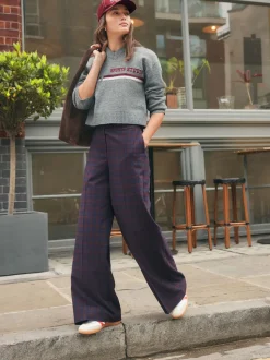 Burgundy Red/Navy Blue Check - Ruit Wijde pijpen Tailored Broeken