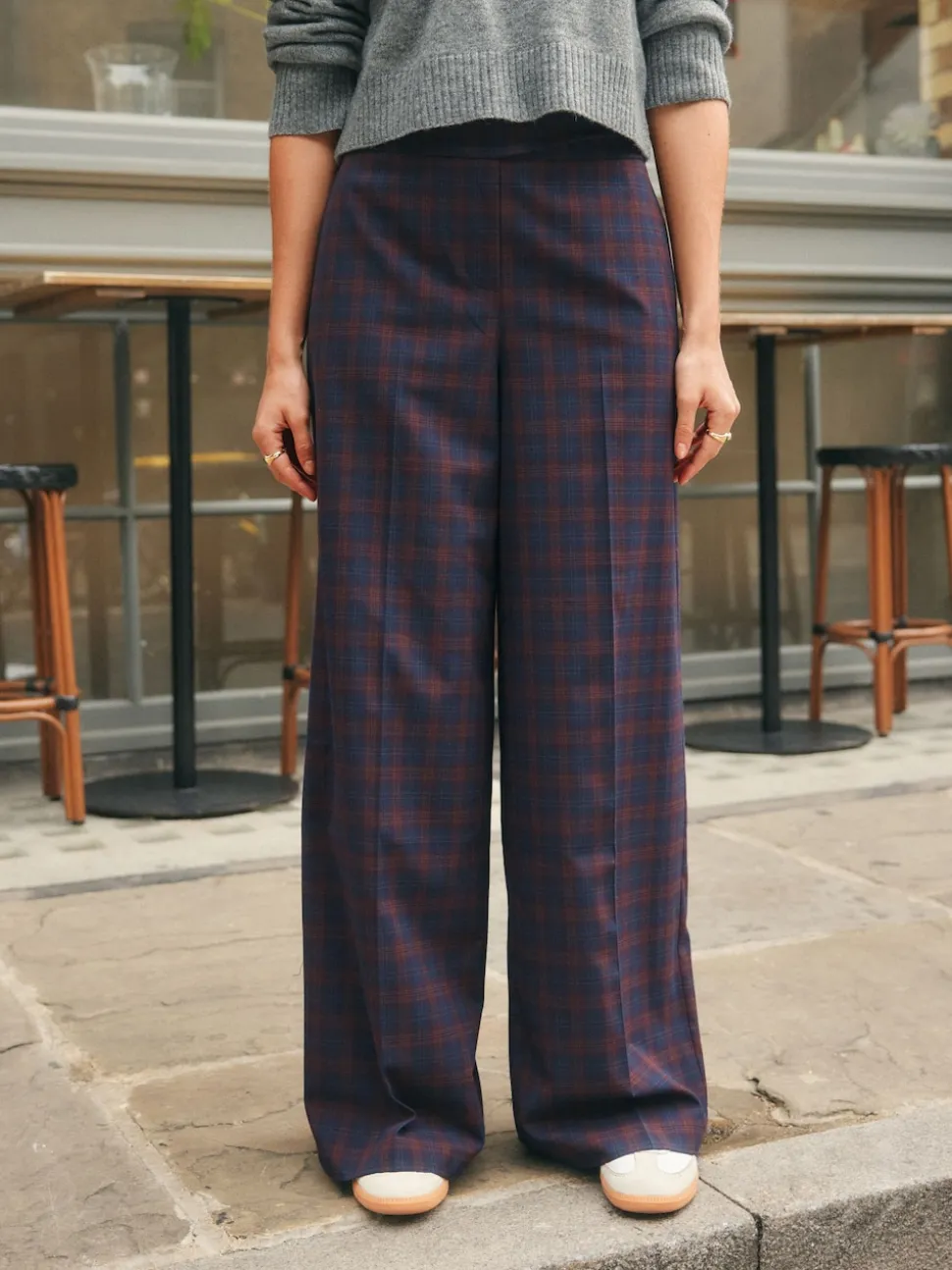 Burgundy Red/Navy Blue Check - Ruit Wijde pijpen Tailored Broeken