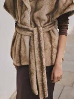 Camel - Faux Fur Tie Waisted Gilet