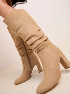 Camel - Friends Like These Ruched Block Heel Knee High Long Faux Suede Boots