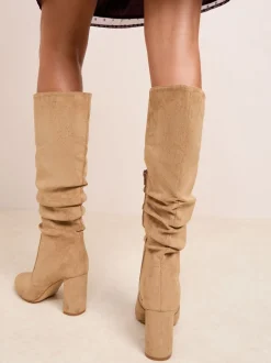 Camel - Friends Like These Ruched Block Heel Knee High Long Faux Suede Boots