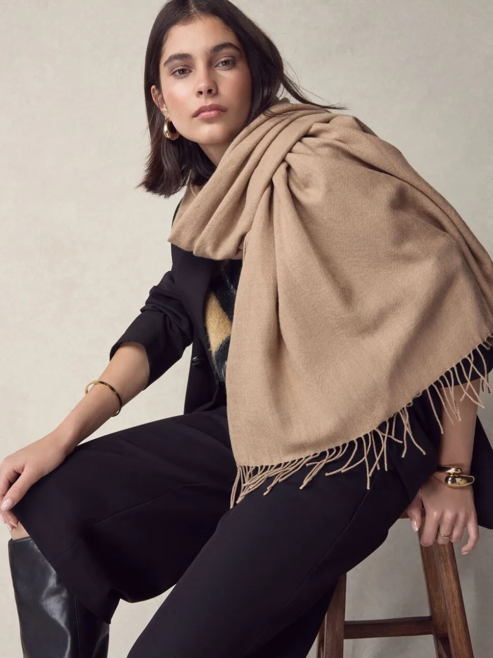 Camel - Premium Made in Italy Twill Midweight Shawl Scarf