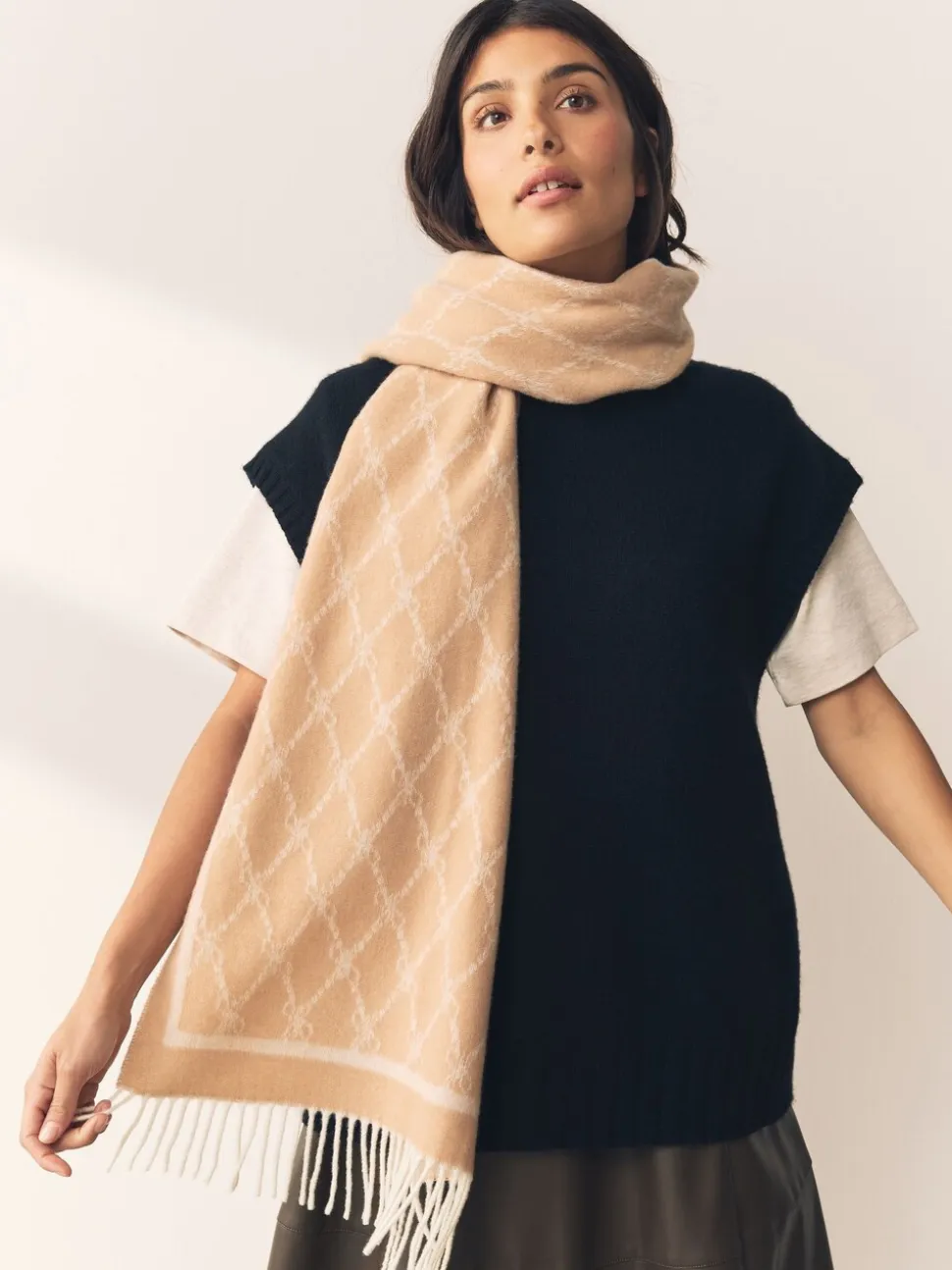 Camel - Premium Made in Italy Jacquard Monogram 100% Wool Midweight Scarf