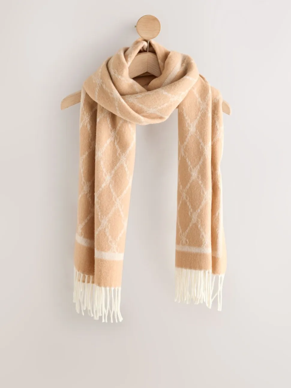 Camel - Premium Made in Italy Jacquard Monogram 100% Wool Midweight Scarf