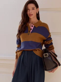 Camel Brown/Blue Stripe - 100% Wool N.Premium Polo Jumper