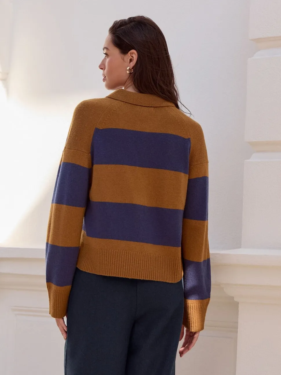 Camel Brown/Blue Stripe - 100% Wool N.Premium Polo Jumper