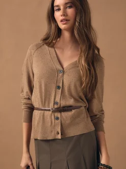 Camel Neppy - Soft Touch V-hals Katoenrijk Vest met Knopen