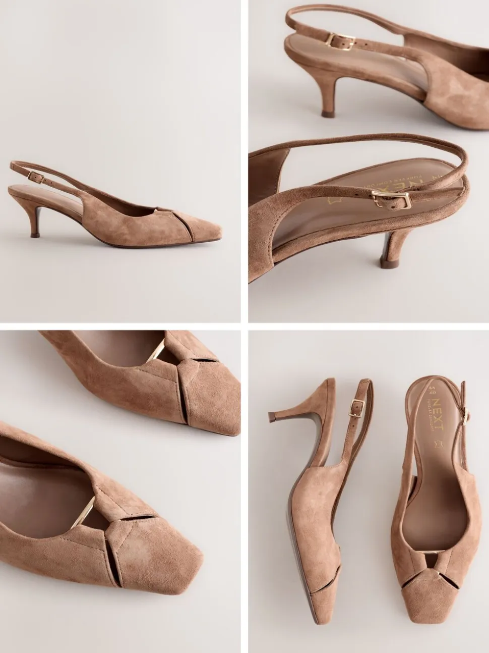 Camelbruin - Leren slingbackhakken met uitsnijdingen en hardwaredetails