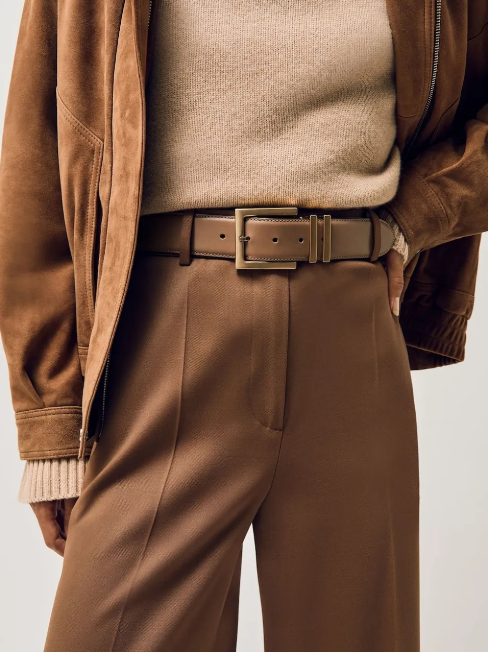 Camel/taupe - Reiss Brompton leren riem met vierkante gesp