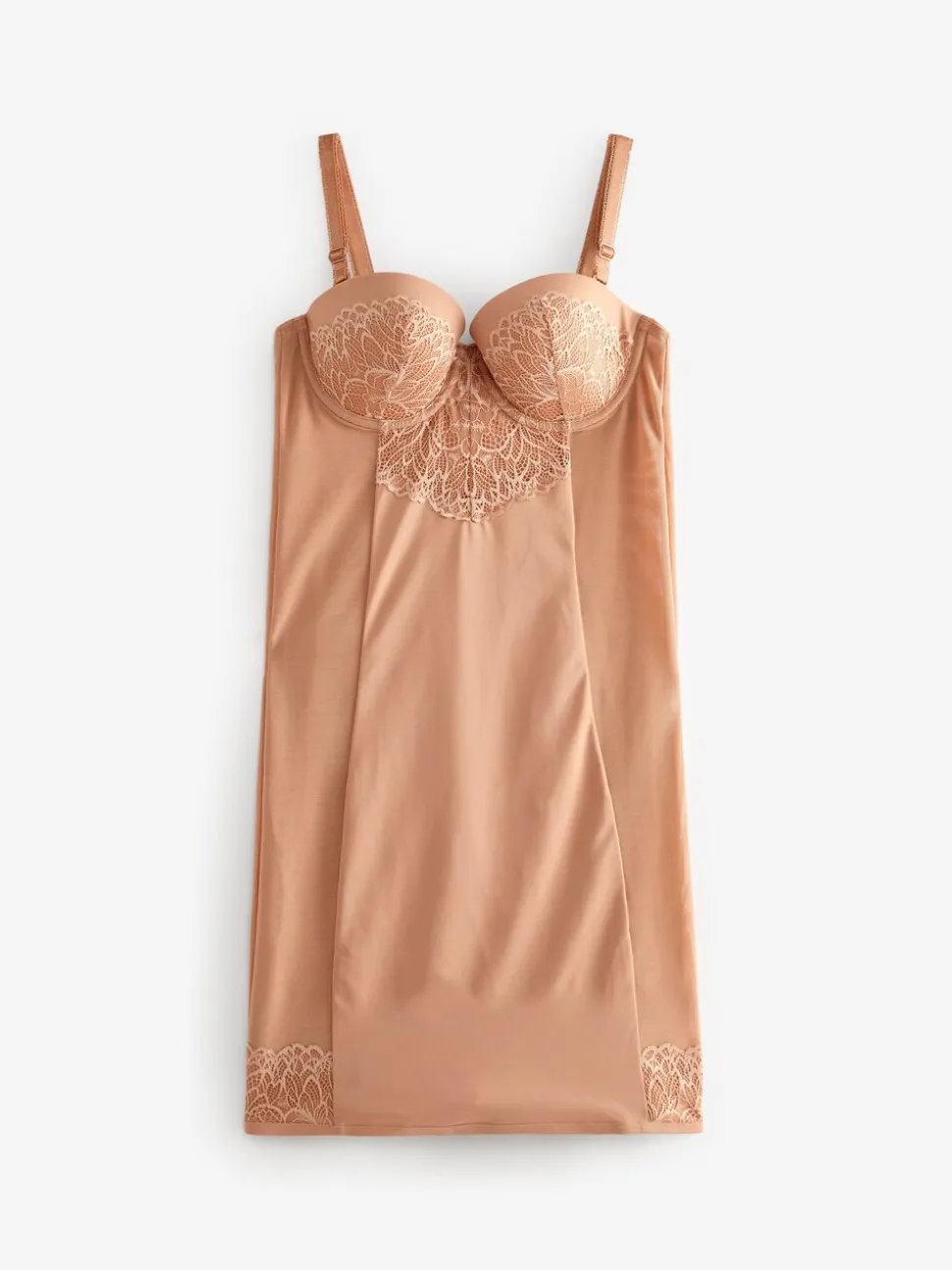 Caramel-nude - Kanten slipdress met cups en sterke buikcorrectie