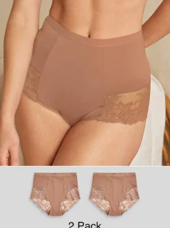 Caramel-nude - Verpakking van 2 Braziliaanse slipjes met kanten achterkant en buikcorrigerend effect en print