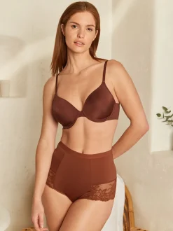 Caramel-nude - Verpakking van 2 Braziliaanse slipjes met kanten achterkant en buikcorrigerend effect en print