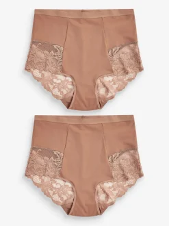 Caramel-nude - Verpakking van 2 Braziliaanse slipjes met kanten achterkant en buikcorrigerend effect en print
