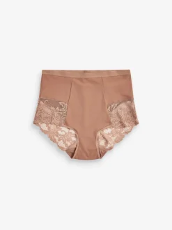 Caramel-nude - Verpakking van 2 Braziliaanse slipjes met kanten achterkant en buikcorrigerend effect en print