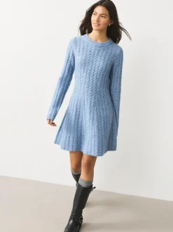 Chambray blauw - Mini-trui-jurk met kabelpatroon