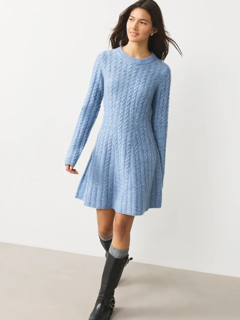 Chambray blauw - Mini-trui-jurk met kabelpatroon