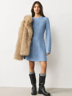 Chambray blauw - Mini-trui-jurk met kabelpatroon