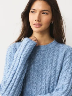 Chambray blauw - Mini-trui-jurk met kabelpatroon