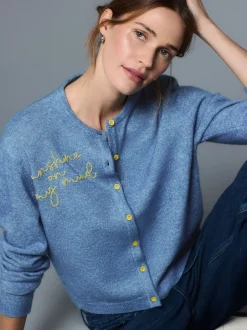 Chambray Blue Embellished - Gebreid vest met ronde hals