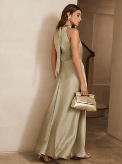 Champagne-goud - Satijnen halter mouwloze midi-jurk met textuur