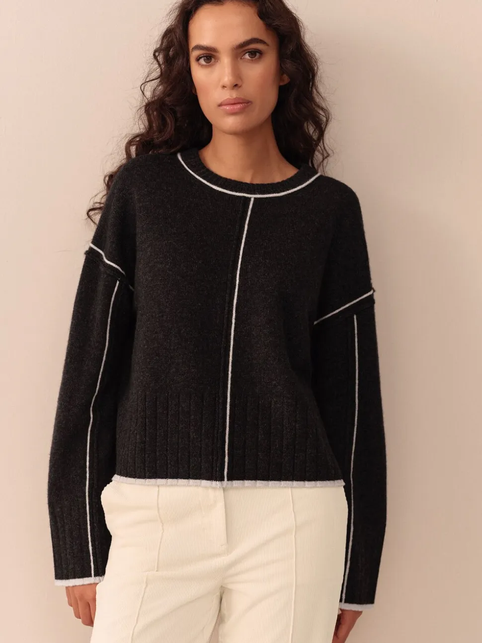 Charcoal Tipped - 100% N.Premium trui van lamswol met ronde hals