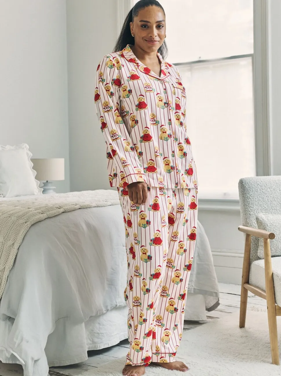 Chelsea Peers Cotton Chip the Christmas Cockapoo Dog Print Long Pyjamas Set