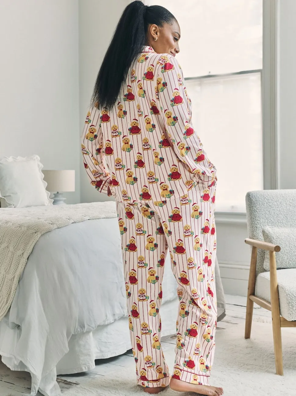 Chelsea Peers Cotton Chip the Christmas Cockapoo Dog Print Long Pyjamas Set