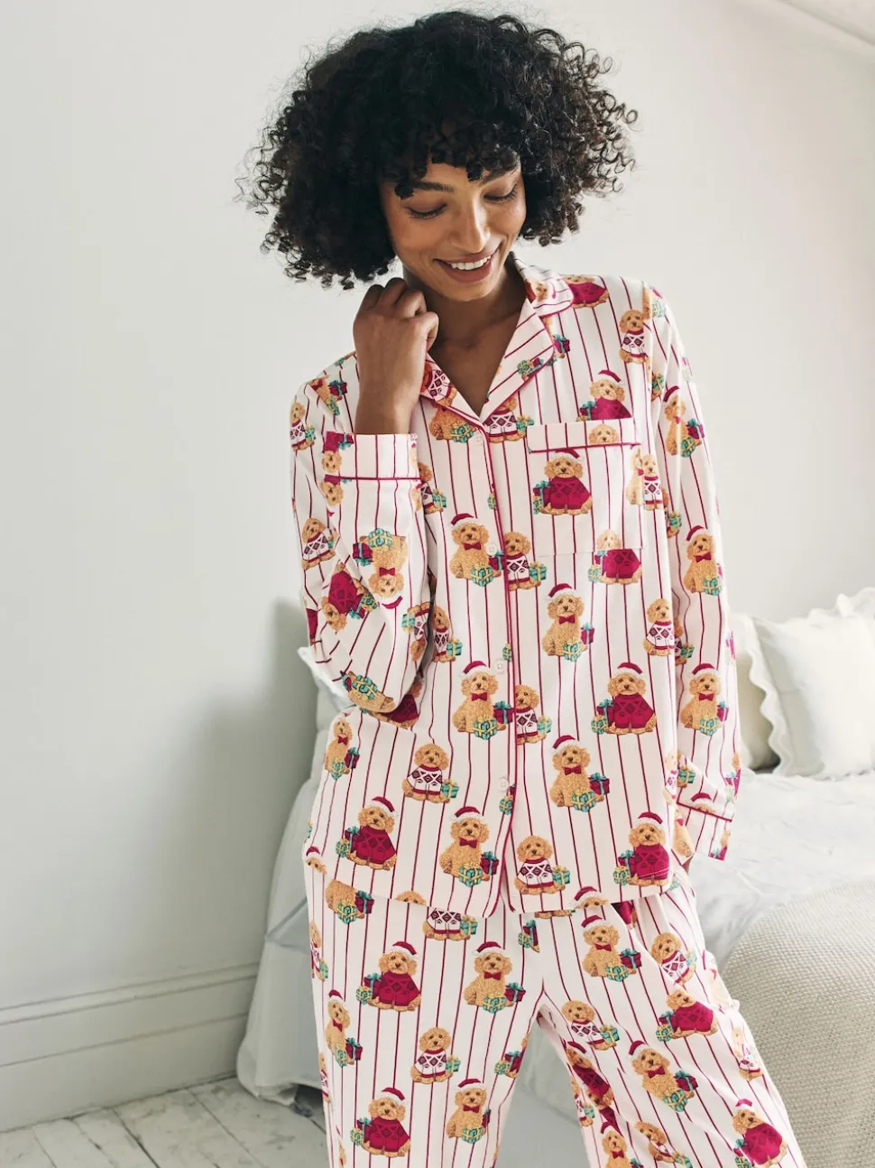 Chelsea Peers Cotton Chip the Christmas Cockapoo Dog Print Long Pyjamas Set