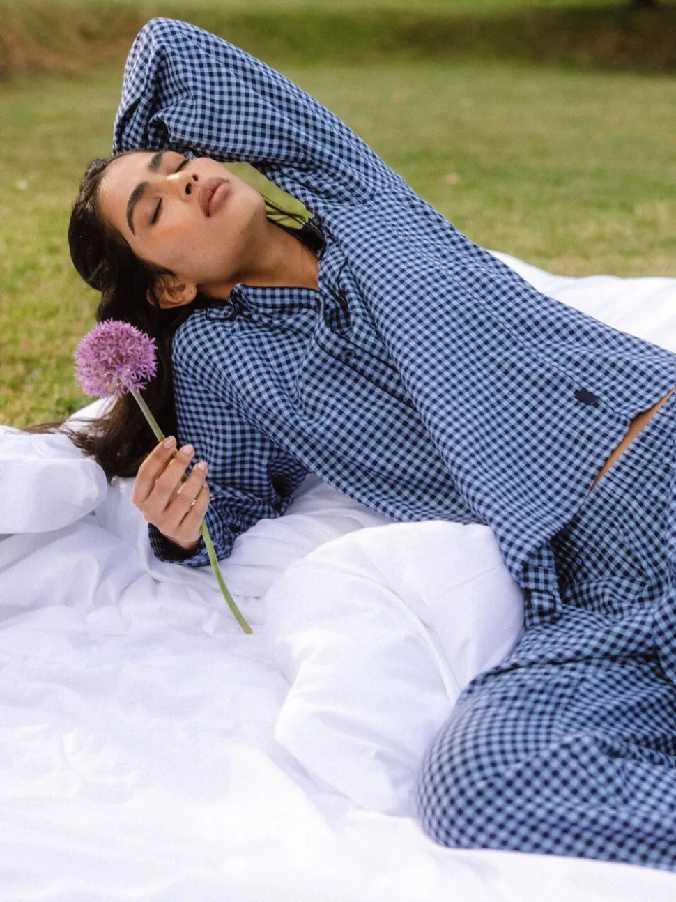 Chelsea Peers Cotton Gingham Check Long Pyjamas & Scrunchie Set