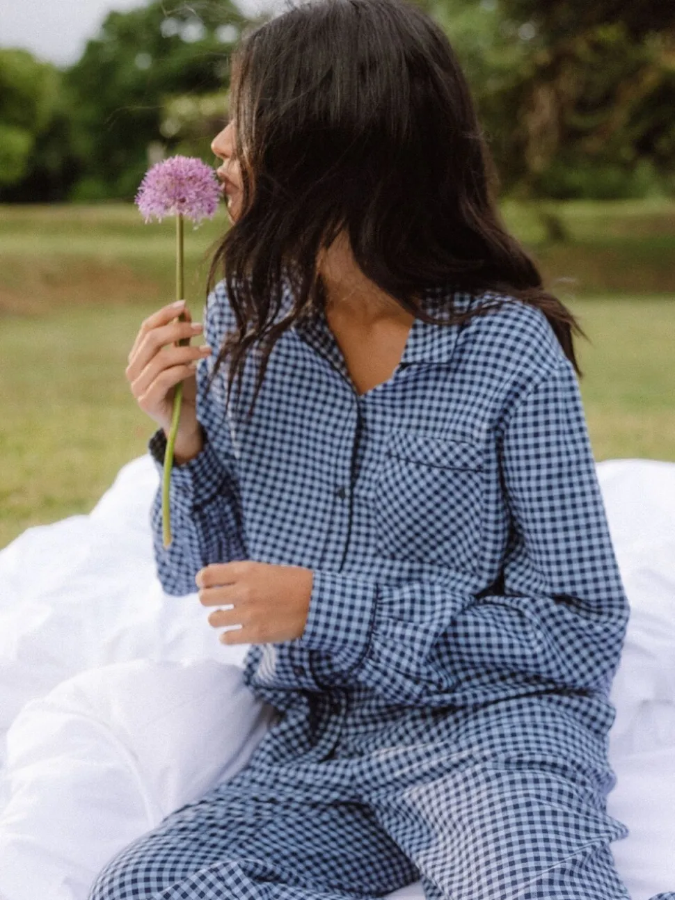 Chelsea Peers Cotton Gingham Check Long Pyjamas & Scrunchie Set