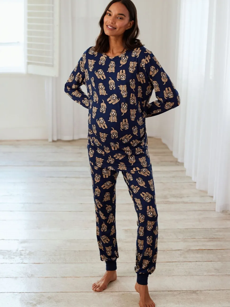 Chelsea Peers Lange pyjamaset met cockapoo-print en ronde hals