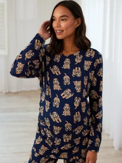 Chelsea Peers Lange pyjamaset met cockapoo-print en ronde hals