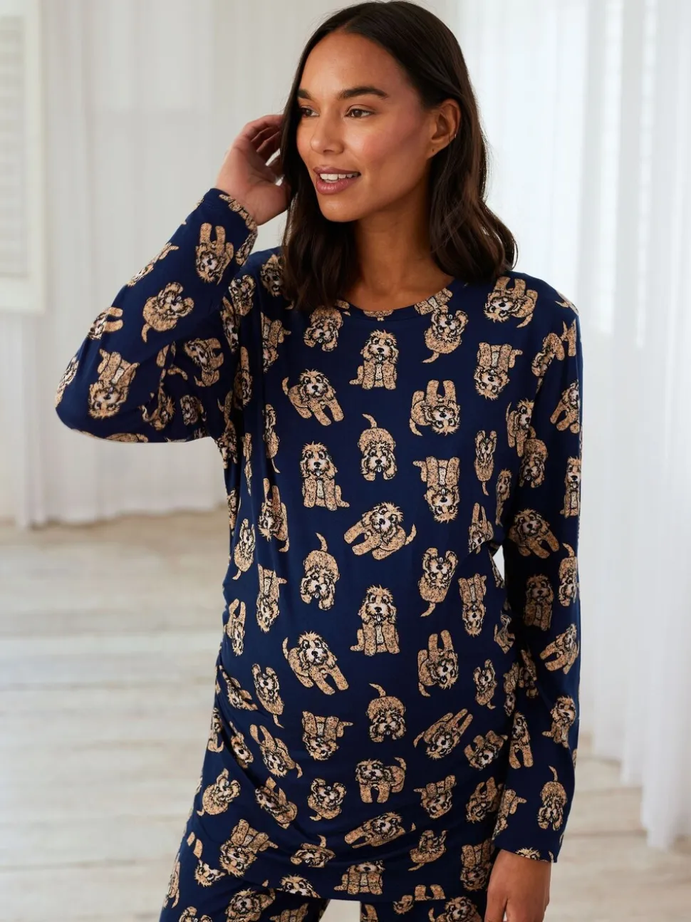 Chelsea Peers Lange pyjamaset met cockapoo-print en ronde hals
