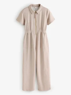 Chelsea Peers Luxe Comfort Scuba Short Sleeve Camel Jumpsuit