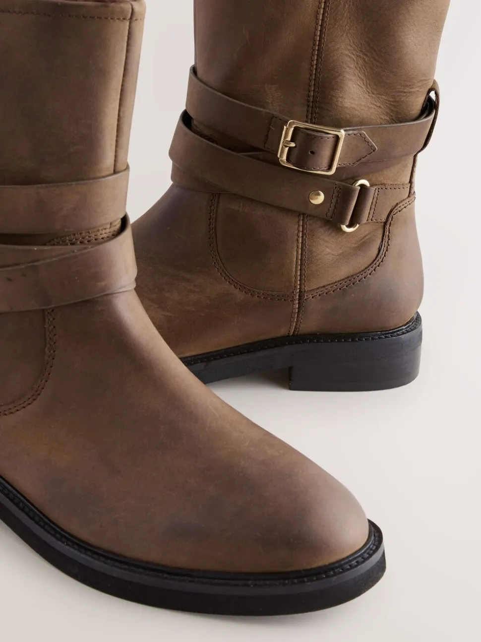 Chestnut Brown Oiled Leather - Forever Comfort® Borg Lined Buckle Trim Ankle Boots