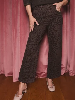 Chocolade Bruin Luipaard Print met fluweel - Love & Roses cropped jeans met wijde pijpen