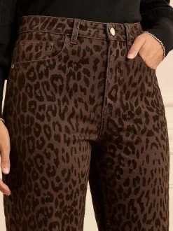 Chocolade Bruin Luipaard Print met fluweel - Love & Roses cropped jeans met wijde pijpen