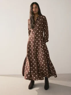 Chocolade Bruin/Ecru met stippen - Printed Long Sleeve Shirt Dress