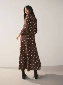 Chocolade Bruin/Ecru met stippen - Printed Long Sleeve Shirt Dress