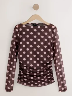 Chocolade Bruin/Roze met stippen - Top met lange mouwen, gerimpelde zijkanten en mesh