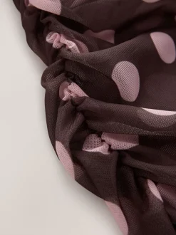 Chocolade Bruin/Roze met stippen - Top met lange mouwen, gerimpelde zijkanten en mesh
