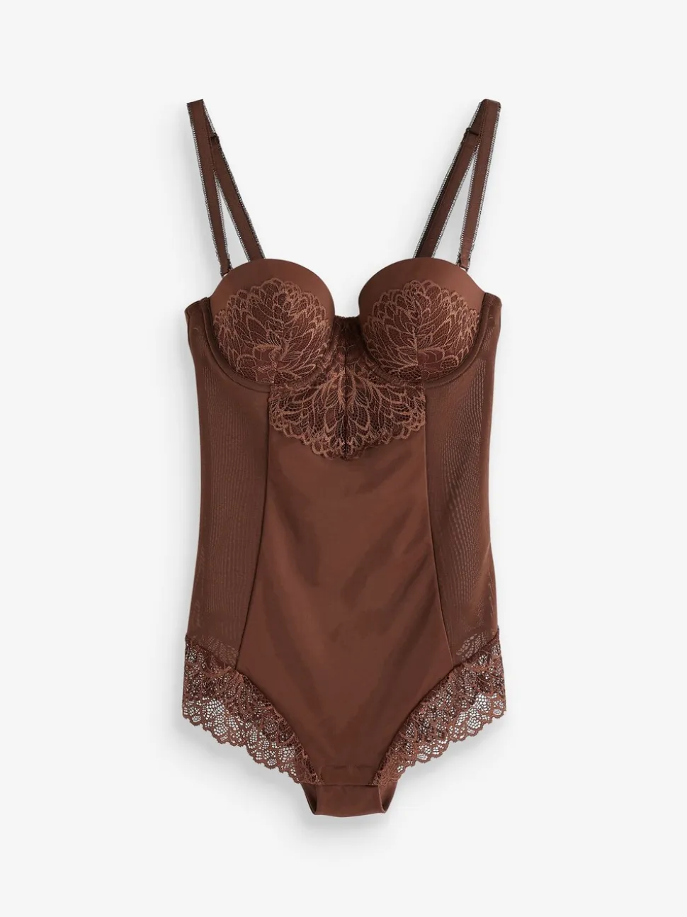 Chocolade nude - Kanten body met cups en sterke buikcorrectie
