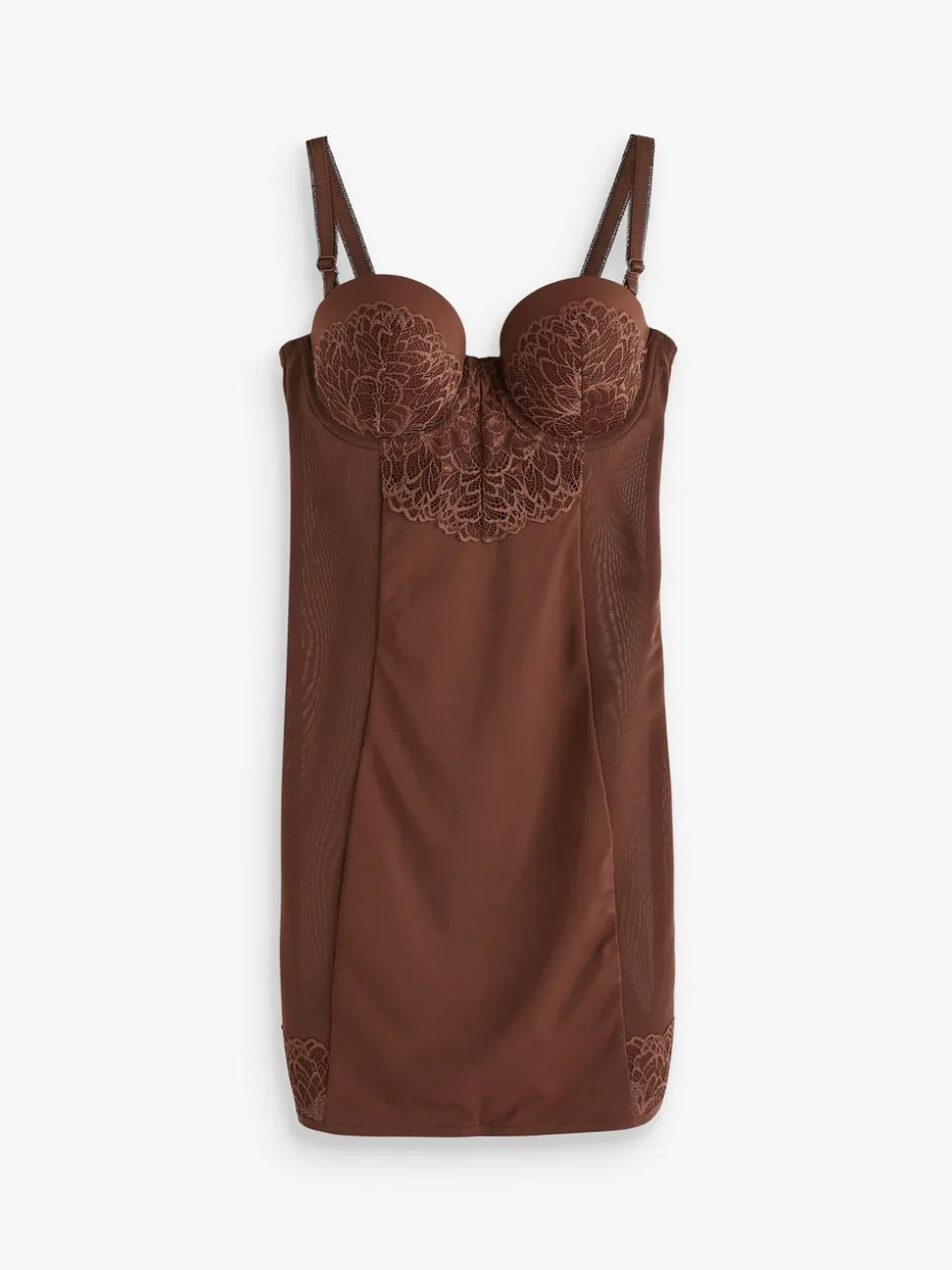 Chocolade nude - Kanten slipdress met cups en sterke buikcorrectie