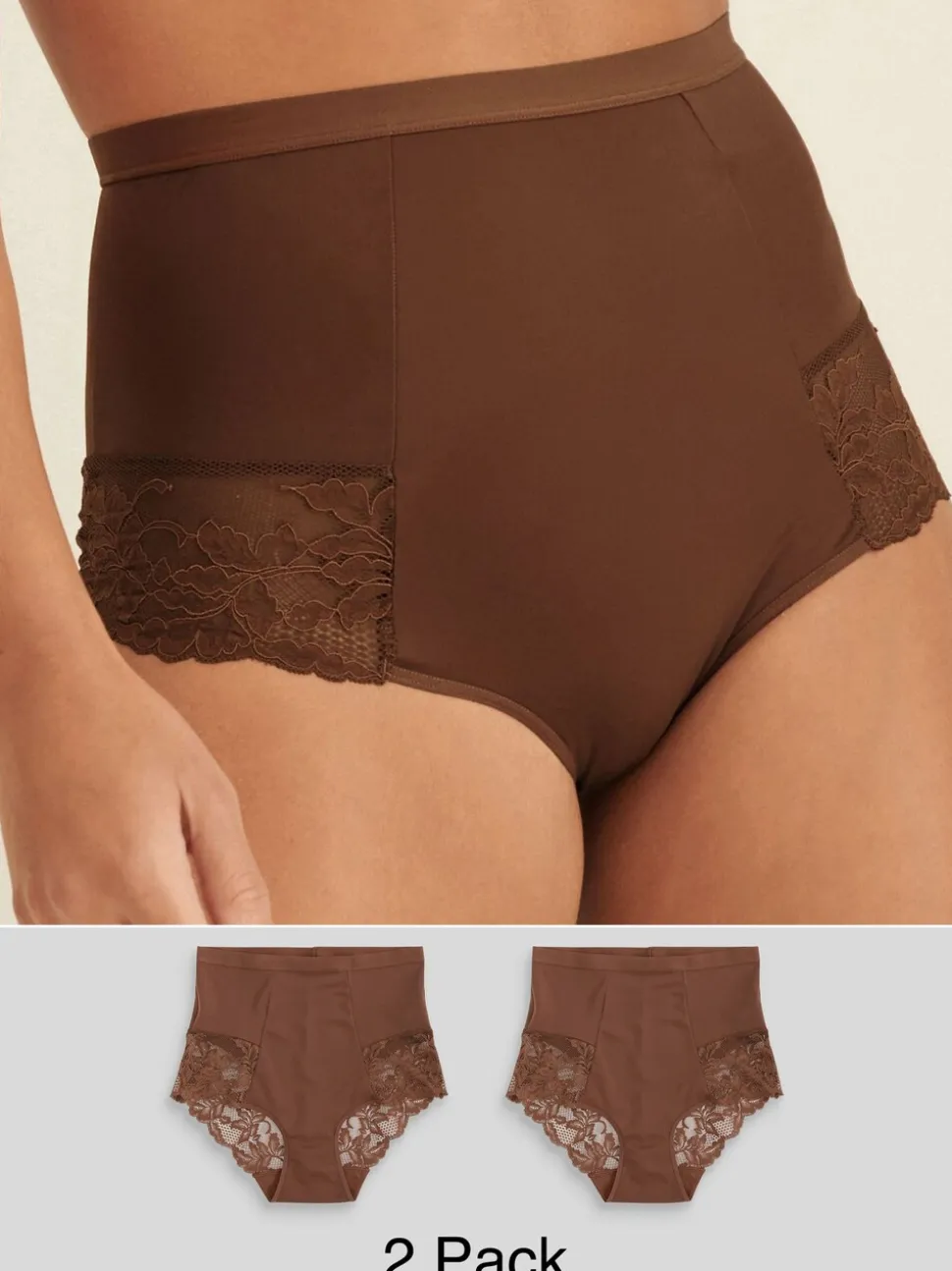 Chocolade nude - Verpakking van 2 Braziliaanse slipjes met kanten achterkant en buikcorrigerend effect en print
