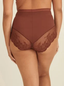 Chocolade nude - Verpakking van 2 Braziliaanse slipjes met kanten achterkant en buikcorrigerend effect en print