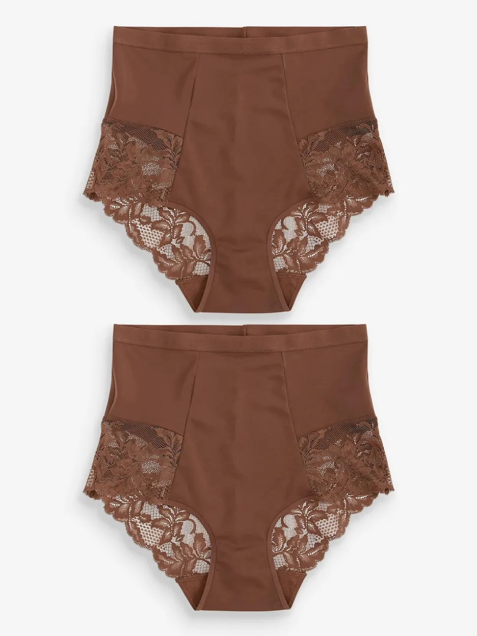 Chocolade nude - Verpakking van 2 Braziliaanse slipjes met kanten achterkant en buikcorrigerend effect en print