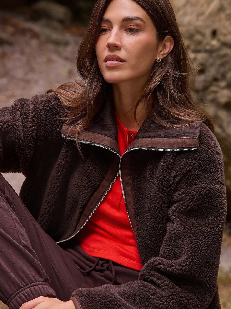 Chocoladebruin - Borg Zip Through Fleece With Rib Collar