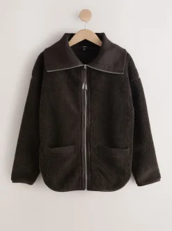 Chocoladebruin - Borg Zip Through Fleece With Rib Collar