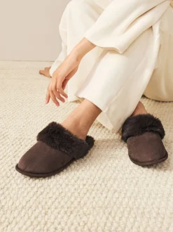 Chocoladebruin - Faux Fur Suede Mule Slippers