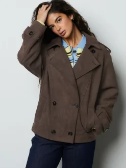Chocoladebruin - Faux Suede Cropped Trench Coat